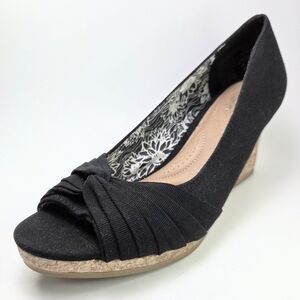 Dexflex Canvas Slip-On Black Knot Cork Wedge Platform Peep Toe Womens Size 6.5